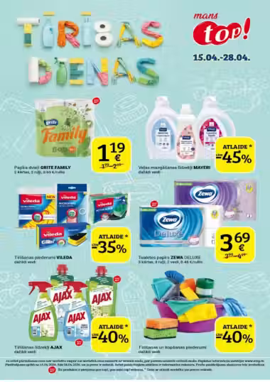 Brochure cover: TOP Latvia promotions leaflet (Valid from 2026-04-15 to 2026-04-28)